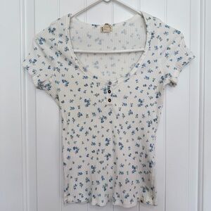Billabong Blue Floral Ribbed Babydoll White Tee Shirt Women’s Large Top Y2K